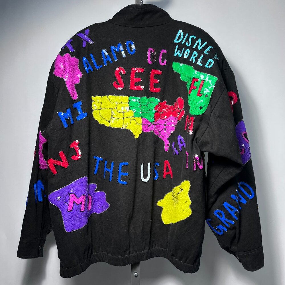 MODI DENIM Vintage Black Sequin Embellished Jacket USA &‎ Big Cities Maps 6-8
